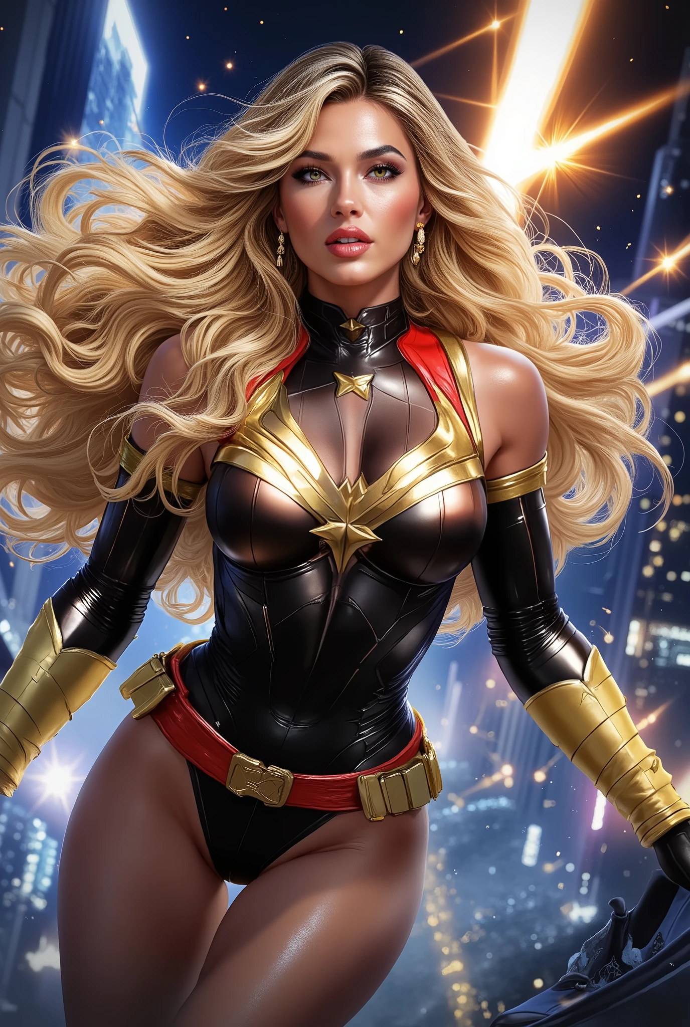 high quality, 4k, ultra-detailed, realistic, masterpiece, photorealistic, marvel comics character, ms marvel,, , long hair, confident expression, heroic pose, flying in the air, energy effects, city skyline background, glowing energy powers, cinematic lighting, dramatic shadows, comic book art style, digital painting