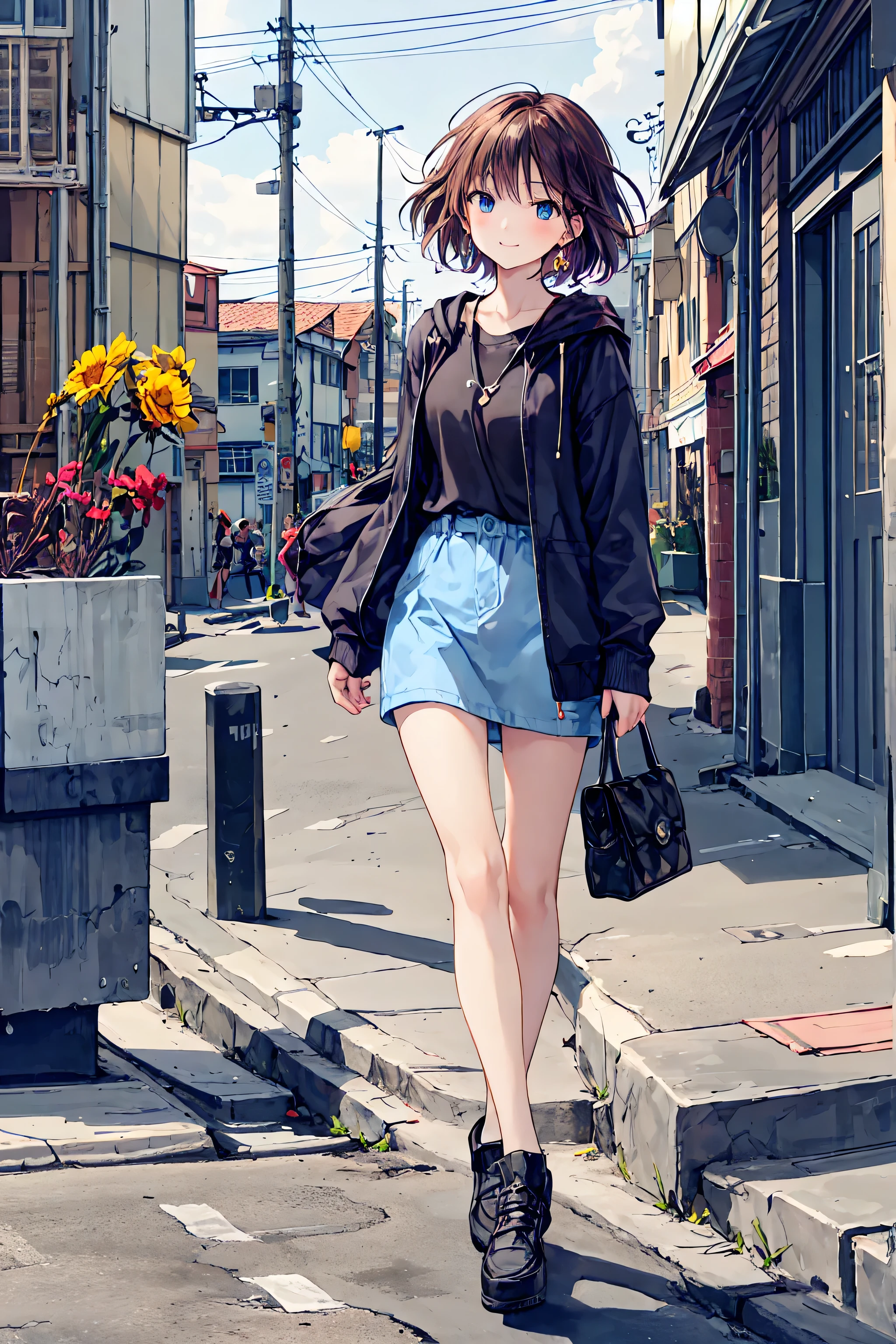 1girl, standing in the street, hand in jacket, shorts, shoes