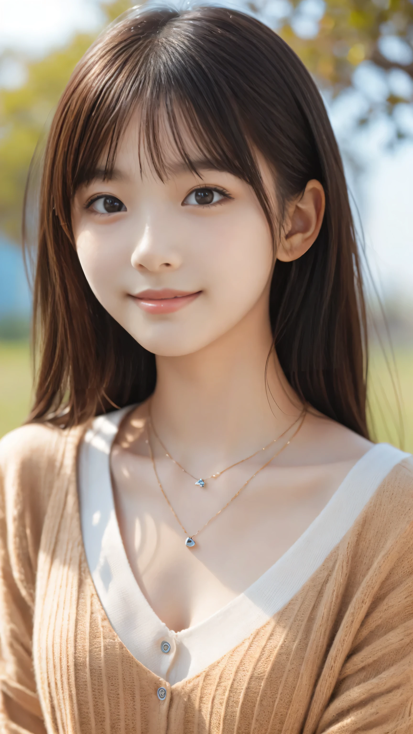 masterpiece,detailed face, cute face, Best Quality , woman , with bangs , Half Smile , long lashes,outdoors,necklace,viewers