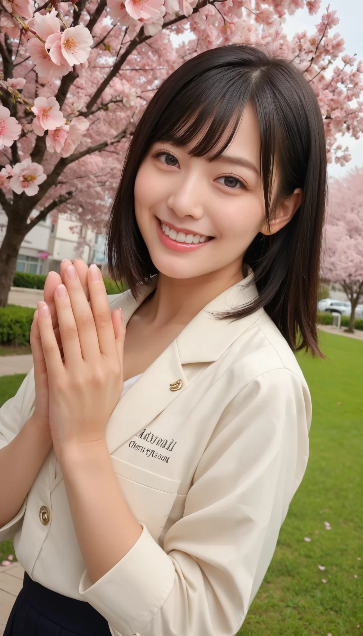 score_9, score_8_up, score_7_up, source_Genuine, rating_safe, high resolution image, masterpiece, top quality, amazing quality, extremely detailed, exquisite detail, sharp detail, sharp focus, professional writing, female teacher, dark hair, pale skin, black hair, neat bob, bangs, detailed face, detailed eyes, polished nose, smiling face, looking at the viewer, perfect hands, perfect anatomy, (schoolyard, cherry blossom tree, some cherry blossom petals fluttering in the wind)