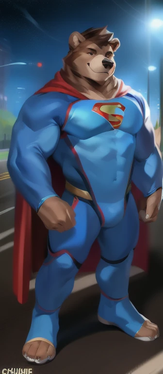 a muscular deathclaw (wearing blue shiny glossy tight bodysuit Superman spandex costume, red cape, red brief speedo, red boots,) bulge, normal human legs, looking at viewer, at a motel bedroom, sexy pose near the door, by chunie
