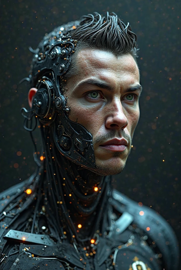 A highly detailed male cyborg, with a focus from the shoulders up, looking slightly to the left. The cyborg should have a futuristic and sleek appearance, featuring a combination of polished metal and intricate mechanical details. His eyes should be glowing and enigmatic, with an expression suggesting contemplation or reflection. The background should be ethereal and natural, blending elements of nature (such as trees, plants, and a subtle mist) with hints of a futuristic environment. The transition between the cyborg's technology and the natural elements should be smooth and harmonious, creating a striking visual contrast
