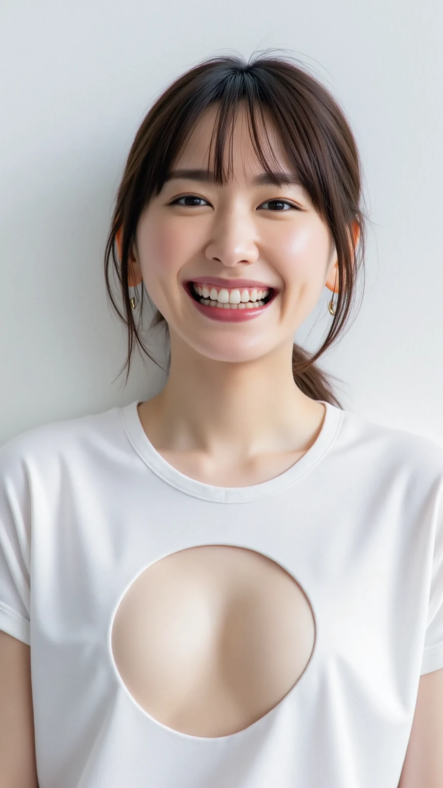 (Best quality, 8k, 32k, Masterpiece, UHD:1.2),Photo of a very beautiful Japanese woman, 1girl, 35-year-old curvy woman, black short hair,large breasts,(detailed white loose t-shirt:1.2),denim pants,necklace,(detailed lace bra:1.05),(leaning forward:1.8),looking at viewer,pov,looking down,across table,(hands on table:1.1),smile,in cafe,upper body, on all fours