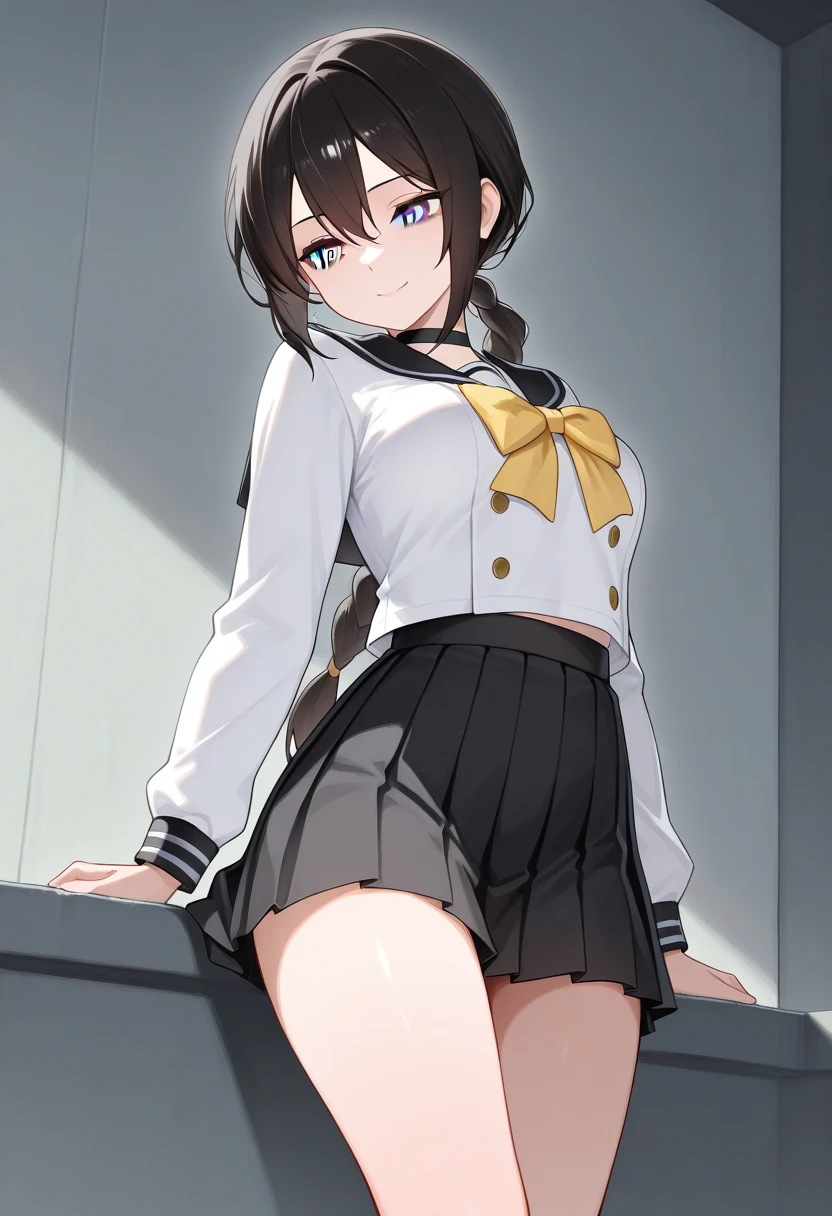 1girl, best quality, Ritsu Tainaka [K-ON!], simple background, minimalist background, simplistic background, minimalistic background, sakuragaoka high school uniform, coat, black coat, shirt, white shirt, gray skirt, skirt, short hair, hairband, yellow hairband, Parted bangs, panties, white underwear, underwear, from behind, wide hips, butt, large butt, large ass, suggestive