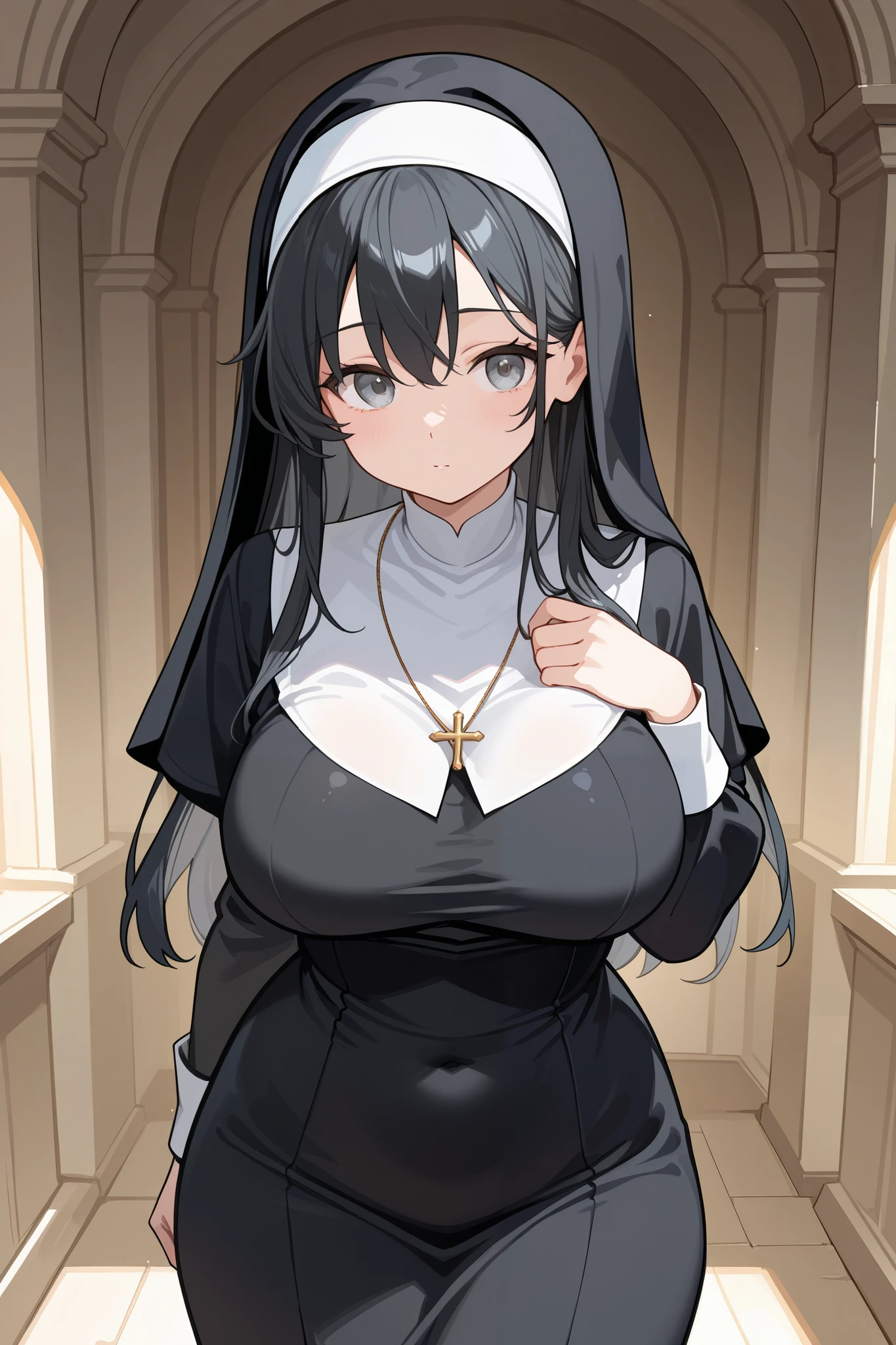 mastute piece,Best Quality,insanely detailed,8k cg,nsfw,
(shoot upper body:1.3),
(1girls:1.3),standing,looking at viewr,body in front,both arms behind back,(nun uniform:1.3),
break,
blush,shy,(ecstasy face),(trembling:1.2),break,(light black hair),
break,
perfect breasts,perfect teats,(open mouth:0.9),(large breasts:1.3),
(church)、