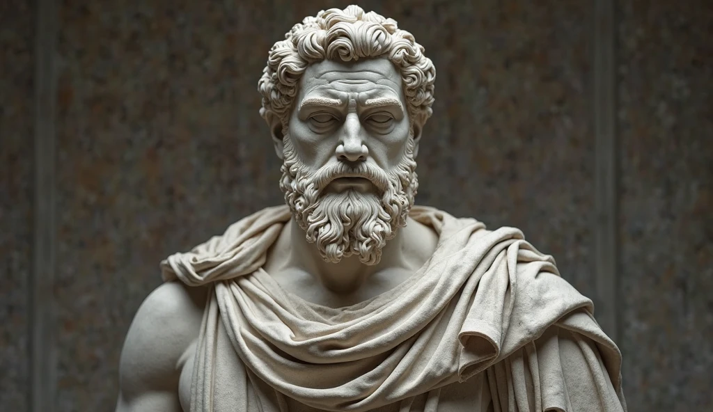 a realistic greek white marble statue, stoic, brawny, Coraggioso, detailed using a toga, neutral background, temperamental, , photorrealistic, Horror Movie Dinner, super detailed, hyper realist, darkness background, serious face, powerful background, dark surroundings, smart, PENSATIVE