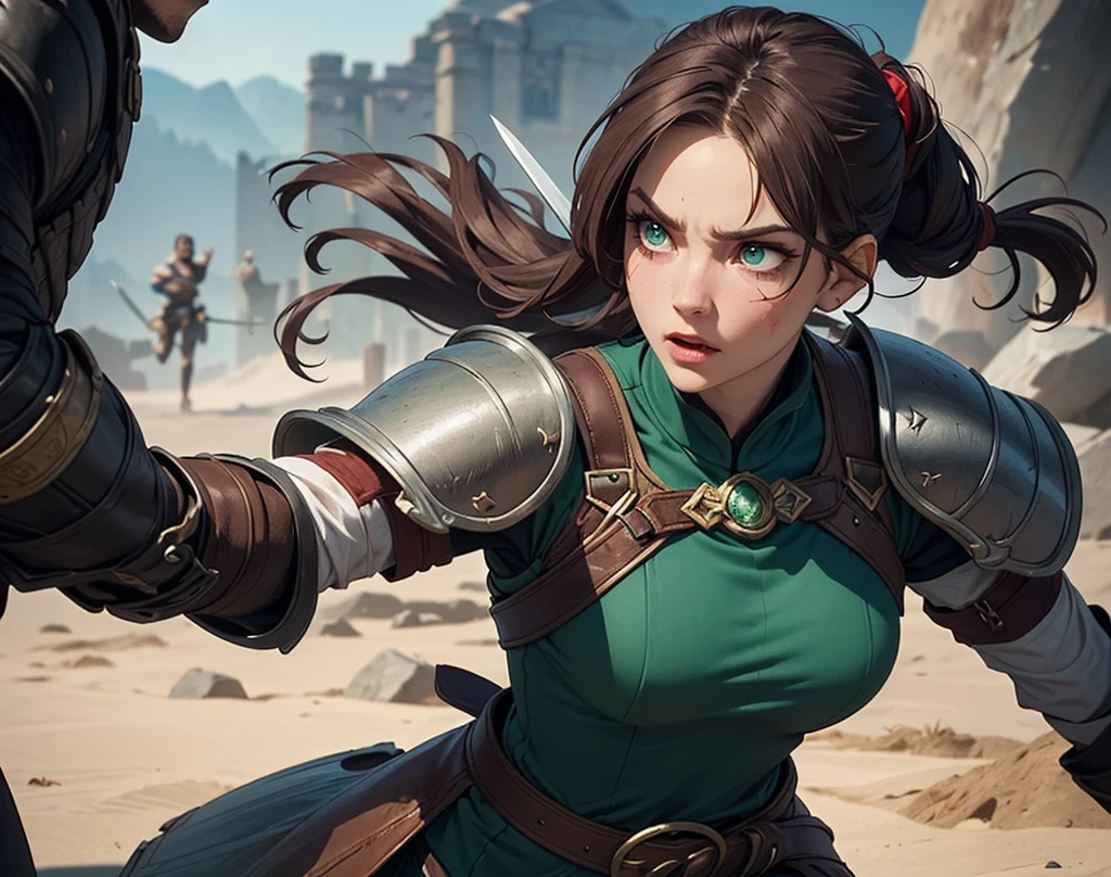 A detailed illustration of a fearless girl with long, intricately braided black hair, mid-air jump to avoid traps in a medieval-themed dungeon, alone in dungeon, dynamic composition, intense focus in her eyes, dungeon setting with stone walls, showcasing agility and bravery --ar 1:1 --s 150 --c 5