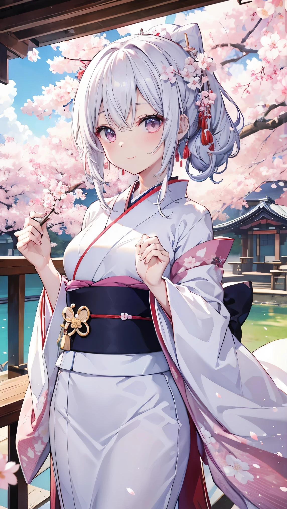 best quality、、(Whitening skin,)、(, kimono,,,,),cherry blossoms,,,,toned body,