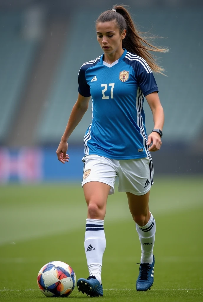 Beauty Full body Women soccer player pulling pony tail hair, big boobs an big legs realistic, adidas uniform, soccer shoes adidas