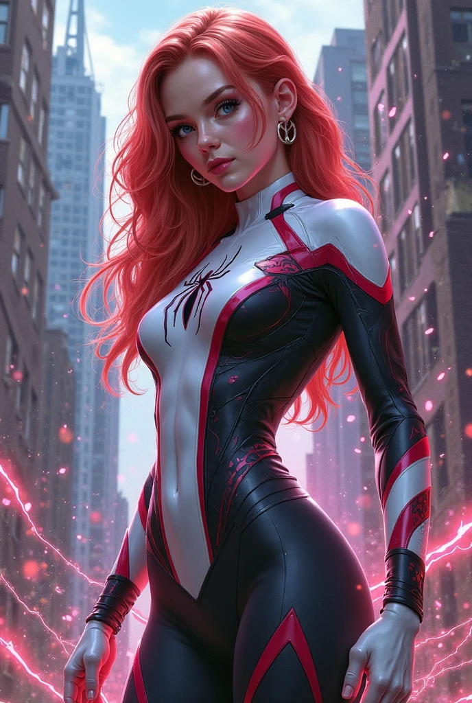 spider gwen, Hot, partial , hightquality, Dynamic Poses, Beautiful, Gorgeous, In love,Short suit, spider in a suit, white black red suit、Eliza Dushku