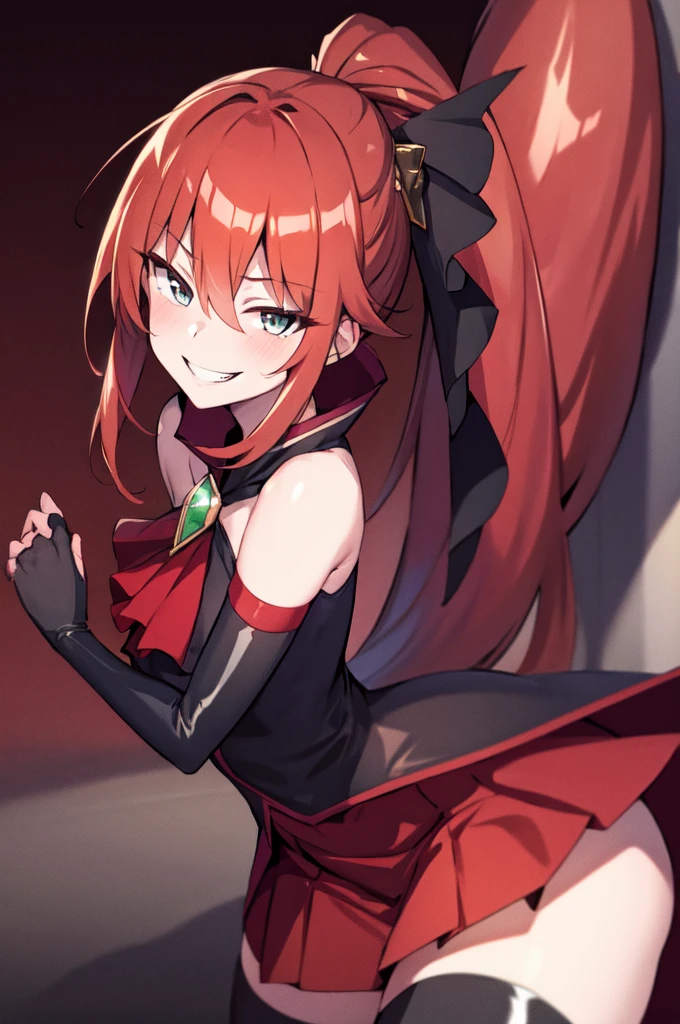 Highest quality, masterpiece, One Girl,Not beautiful, Red Ponytail, Long dress, brooch, Hair Ribbon, Black knee socks, Standing on the rubble, (Wicked Smile:1.1), ,,Dark shadowed face,Sadistic smile,Malice,Contempt,smile,latex,Bad face,,Red Skirt,two hands,Two legs,five fingers,evil background,elbow gloves,latex, Wicked Smile, devilish aura (Shiny fabric:1.5),Dark world background,solo,