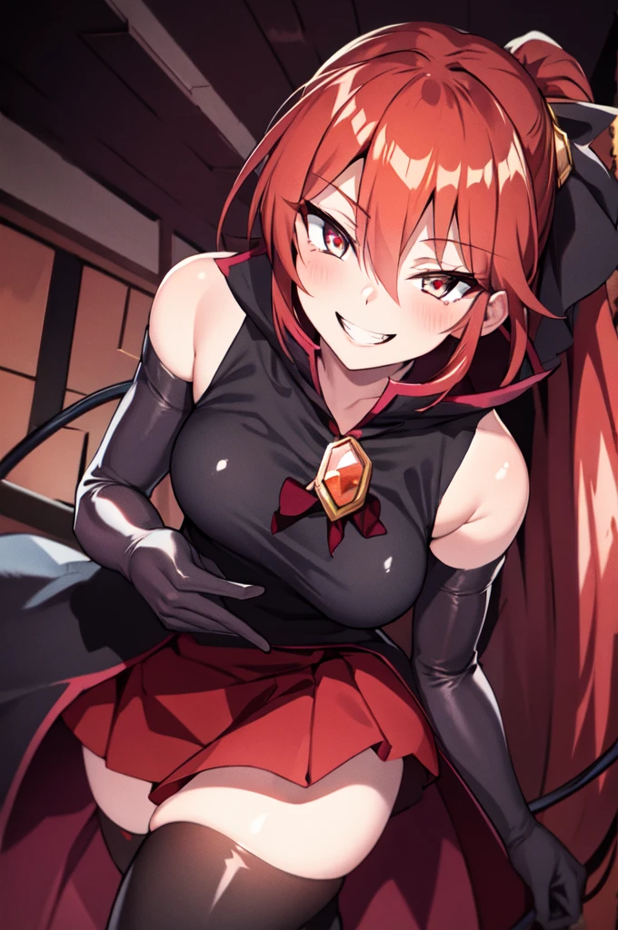 best quality, masterpiece, 1 girl, devil girl, smiling, (red colored skin:1.2), (bright red eyes:1.3), (black devil horns:1.4), long hair with bangs, tattooed body, black and red bikini with cloak, standing in cyberpunk cafe, (medium breast, under boobs:1.2)