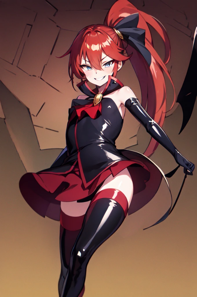 Highest quality, masterpiece, One Girl,Not beautiful, Red Ponytail, Long dress, brooch, Hair Ribbon, - Elbow hand pockets, Black knee socks, Standing on the rubble, (Wicked Smile:1.1), ,,Dark shadowed face,Sadistic smile,Malice,Contempt,smile,latex,Bad face,,Red Skirt,two hands,two legs,five fingers,black and purple background,