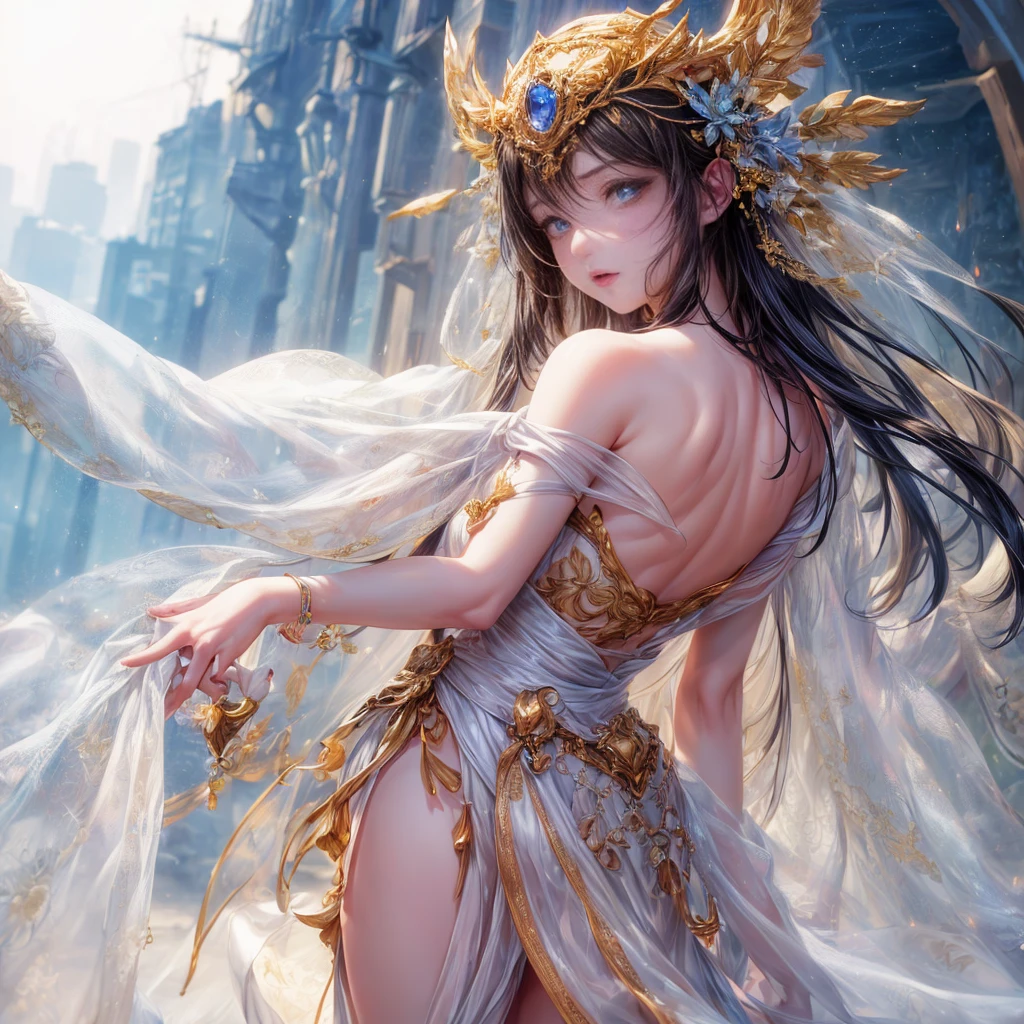 A beautiful woman with perfect features stands near perfection, her shapeless long hair cascading down in intricate waves, adorned in a Rococo style evening dress. The ethereal background radiates abstract beauty, with intricate details that align with the Golden Ratio. The minimalist design, though unfinished, showcases a concept art piece by Brian Froud, Carne Griffiths, and Wadim Kashin. The high-resolution image, rendered in 8k post-production, exhibits every detail with pinpoint sharp focus and superb intricacy. Studio photos reveal the perfect form of the woman, with her skin displaying intricate textures that seem to shimmer under the