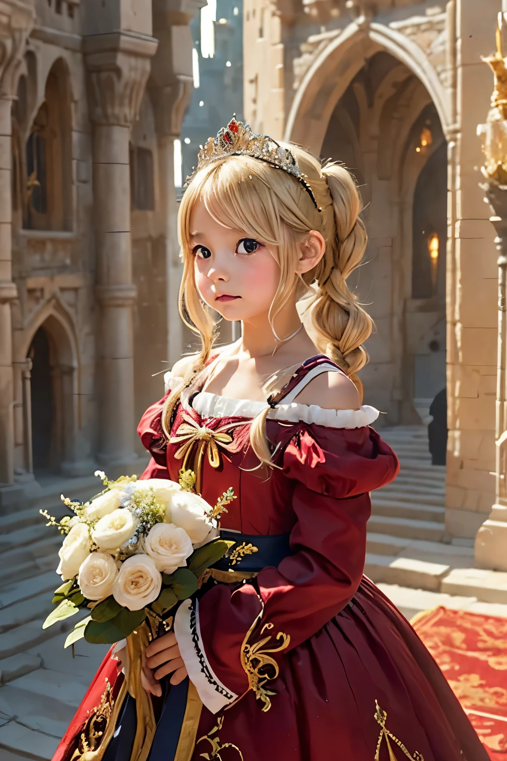 Little young girl,BLONDE HAIR,cute,cries,Fantasy, gorgeous dress ,tiara,odd-eye,red carpet,Castle,bouquet,Princess,young girl,blush, twin tails, stage,Ball,turns around,Luxurious Bed