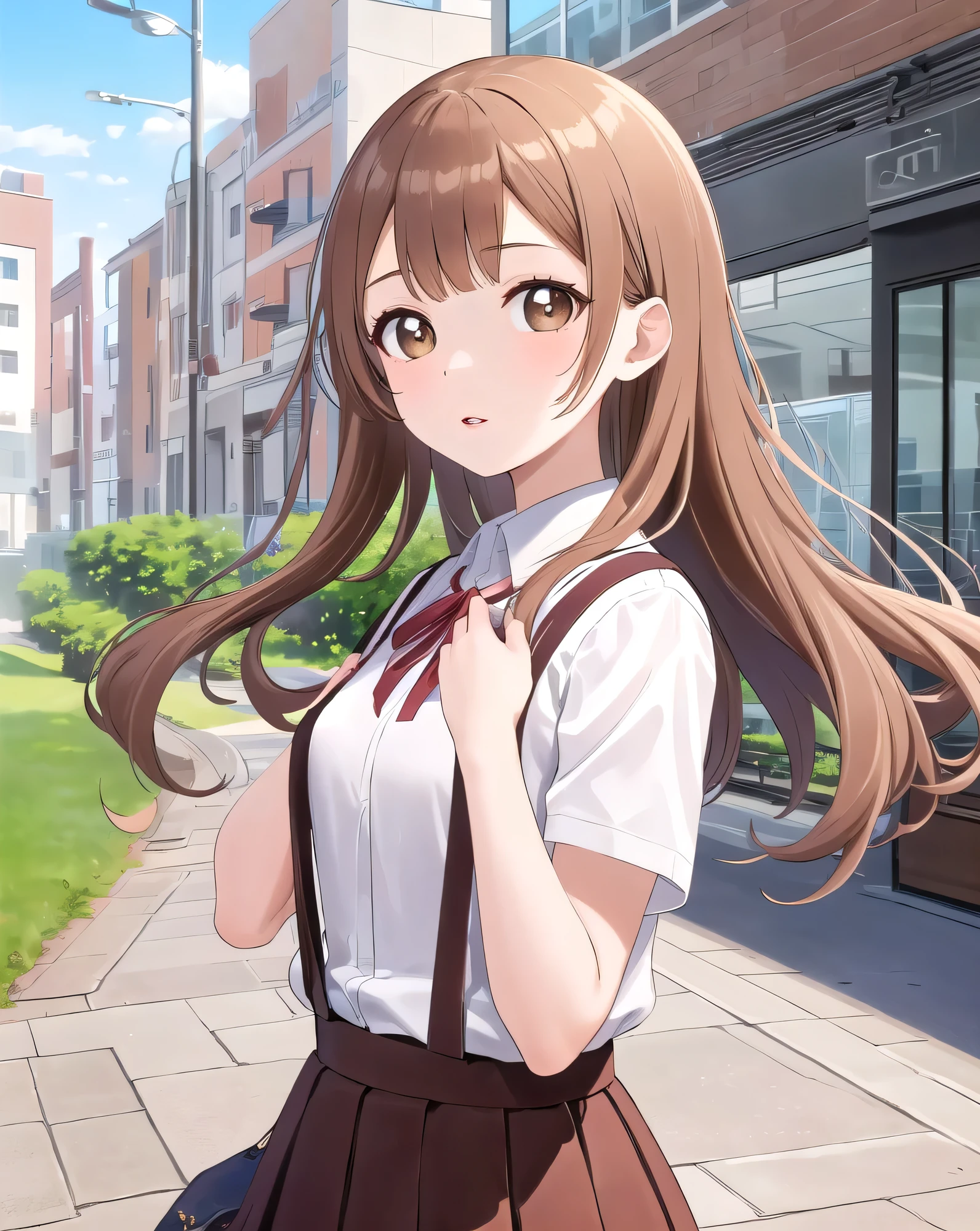 1girl, solo, cute girl, 8yo, (elementary school girls), (school uniform, white shirt, red ribbon), (brown skirt, suspenders:1.3), beautiful, cute, Moe, clear, (short stature), cute breasts, detailed beautiful eyes, delicate skin, (beautiful light brown long hair), (Shiny brown hair, beautiful long hair), (Beautiful brown eye detailed, Beautiful clean skin, High quality face, Detailed lips, very fine grain), facing viewer, looking at viewer,
BREAK  (Best Quality, 8k, masterpiece:1.3), ultra high resolution, ultra High Definition, Super detailed, ultra-detailed, detailed skin, absurdres, digital art,
BREAK  (standing, whole body), (from diagonally below), (outdoors, cherry blossoms, flower, grass, street, wind)