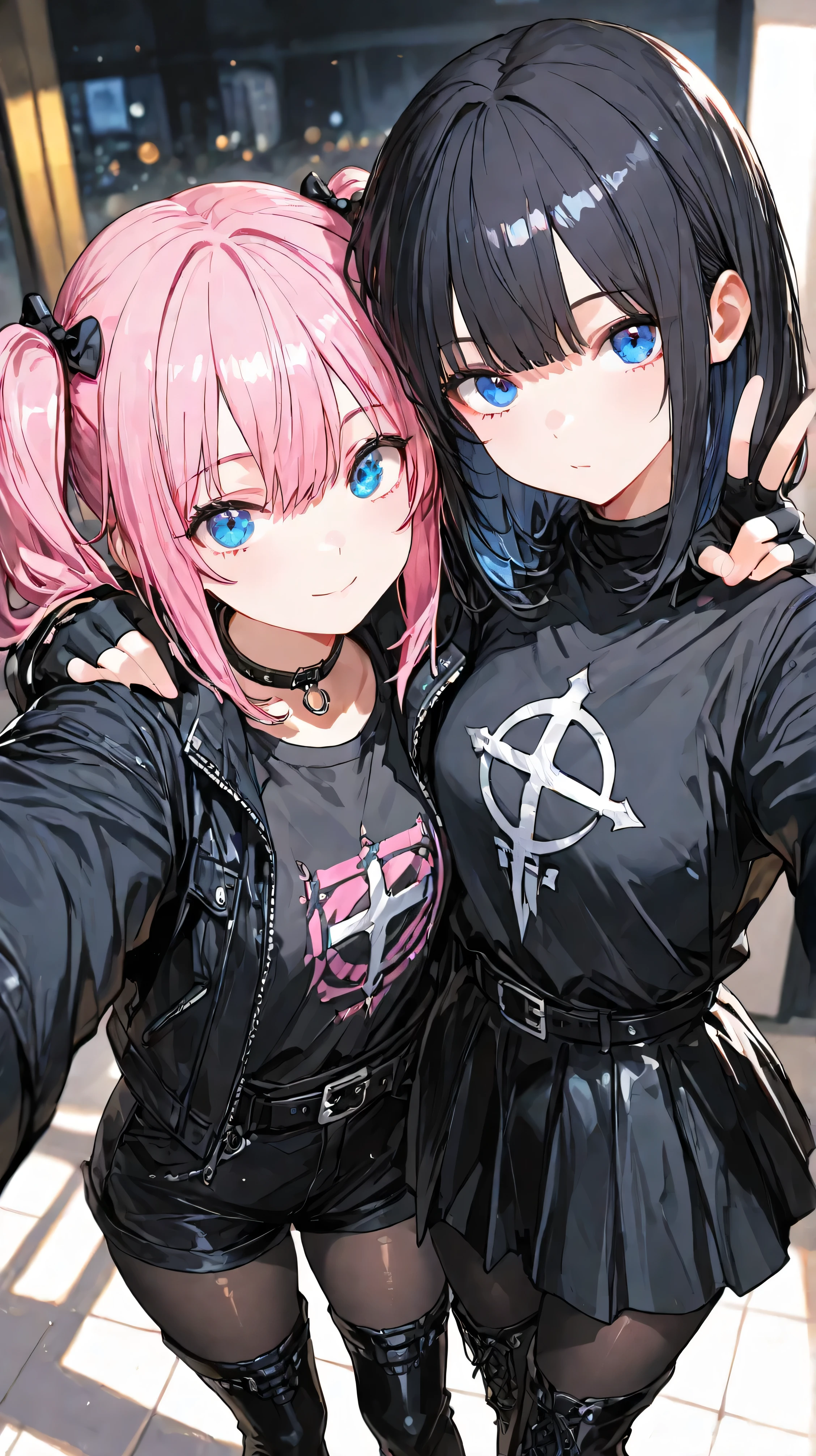 2girls,(BRAKE the first girl: twintails, pink hair,blue eyes),(BRAKE the second girl: medium hair,black hair,blue eyes),(EyesHD:1.2), masterpiece, best quality, ultra-detailed, very aesthetic, sharp focus, depth of field, vibrant colors, ray tracing, best lighting, detailed illustration, detailed background, cinematic,look at viewer, from above, ,black shirt, jacket, shirt, long sleeves, belt, black skirt, black jacket, black thigh boots,(black tights), gloves ,fingerless gloves, black shorts, black belt,peace,selfie ,to put your arm over their shoulder