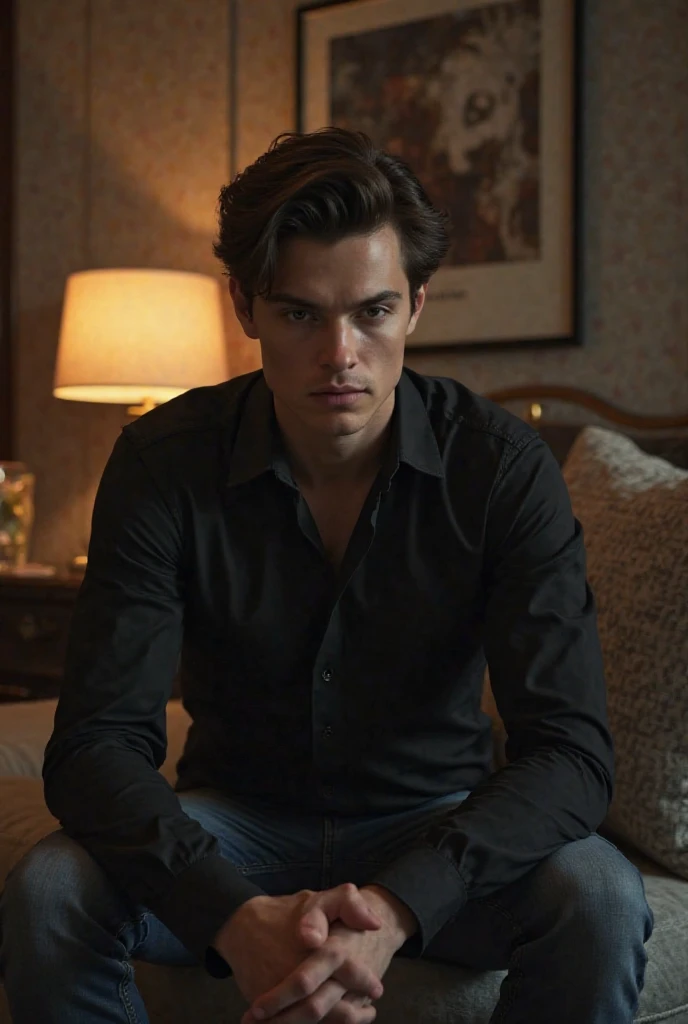 "((highly detailed, detailed eyes, detailed face, clear and realistic facial features, photorealistic, realistic light; cinematic)), (1 man), ((((classy living room background)))), (((sophisticated gorgeous refined middle-aged male artist))), ((((intense fascinated expression)))), ((mystical air)), (((green eyes))), ((wavy brunette hair tied half up)), (((dressed in a red shirt and denim shorts)))."