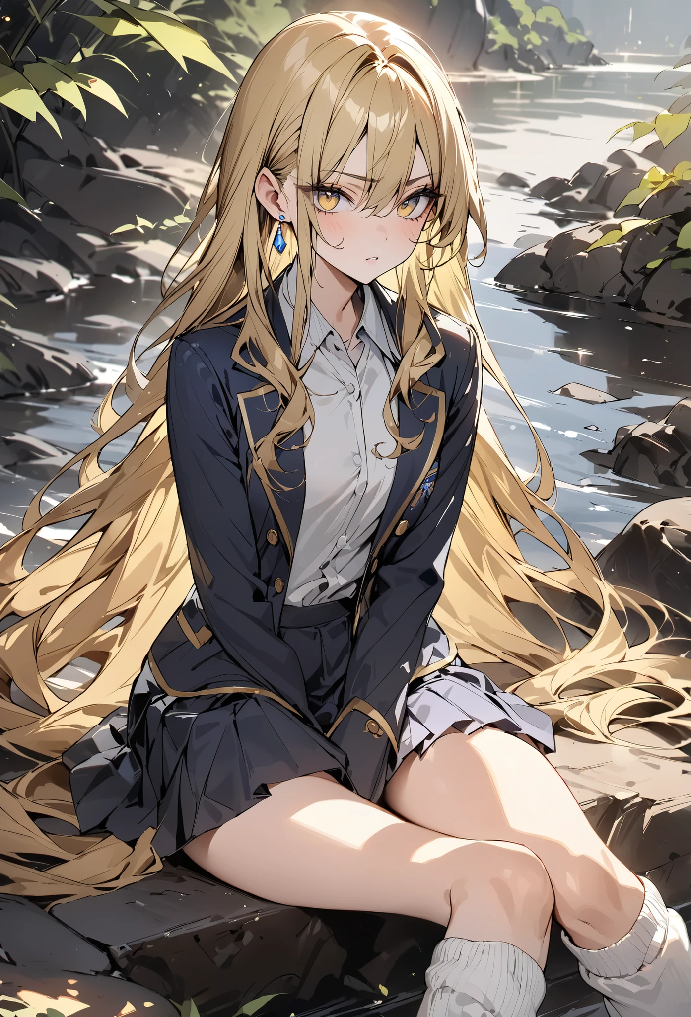 ((greatest masterpiece,super quality:1.2)),(super resolution),(solo),Cowboy Shots(front),Slender, slender high school girl sitting on the riverside ground,beautiful face,(blonde long hair),perfect golden eyes,serious expression, high quality dark blue blazer ,HIGH QUALITY WHITE BLOUSE,high quality navy blue pleated skirt,high quality white panties,high quality white loose socks,loafers,gold earrings