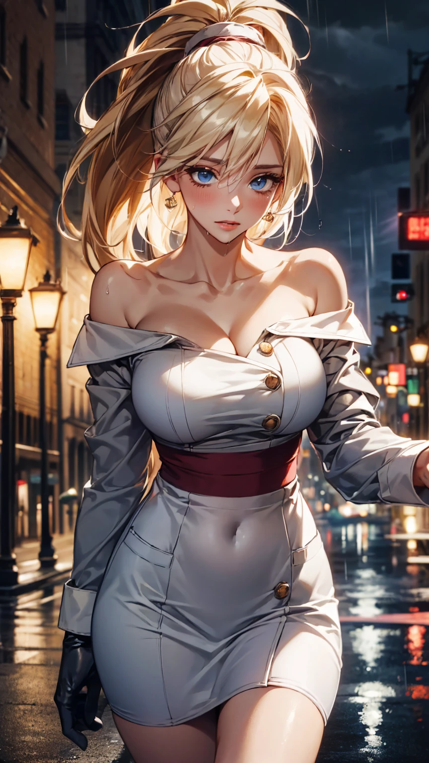 Anime Kawaii sexy Perfect Slim sensual body large breast and huge thighs, An intricate and highly detailed illustration of anime (Young girl) a beautiful young girl with long blonde hair, wearing a short dress, standing on a city street, gorgeous, high quality, pixiv style, (best quality,4k,8k,highres,masterpiece:1.2),ultra-detailed,(realistic,photorealistic,photo-realistic:1.37),HDR,UHD,studio lighting,ultra-fine painting,sharp focus,physically-based rendering,extreme detail description,professional,vivid colors,bokeh
