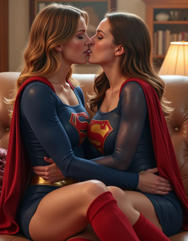 ((Detailed photo of strong woman kissing Supergirl, Groping the breasts of strong women)), 8K, , ssmile, Cut often, Central opening, Portate, blond hairbl, blue color eyes, cloaks, décolleté, Blue gloves, High legs, white straitjacket, short  hair, 2girls, full bodyesbian, tmasterpiece, best qualityer , NSFW, realisticlying, Naked of breast:0,8,, ((Lesbian kiss, Hug Yuri))