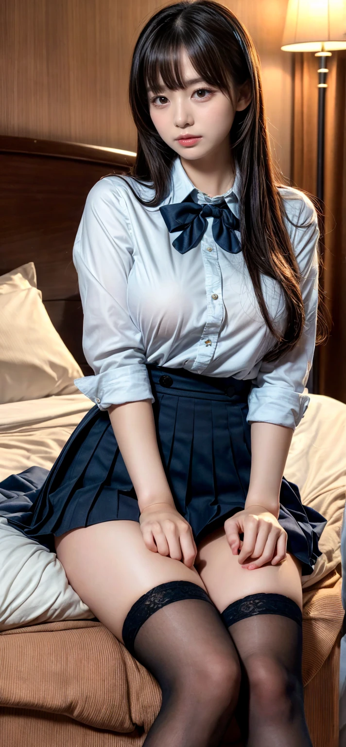 ((highest quality、8k、masterpiece:1.3)),((((cowboy shot)))),Ultra-high resolution,big eyes,Japanese,bangs,(a girl),(1 girl),20 years old,((facing at viewer)),(long hair),(((black sailor uniform))),grin,((sitting on chair)),(pleated mini skirt),((pussy)),((skirt lift))