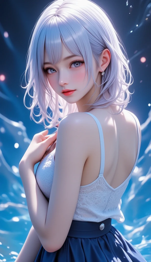 (extremely detailed CG unity 8k wallpaper), (best quality), (ultra-detailed), (best illustration), (best shadow), white hair, purple eyes, medium breasts, wavy hair, swept bangs, pixie cut, short hair, nuisette, wearing a nuisette