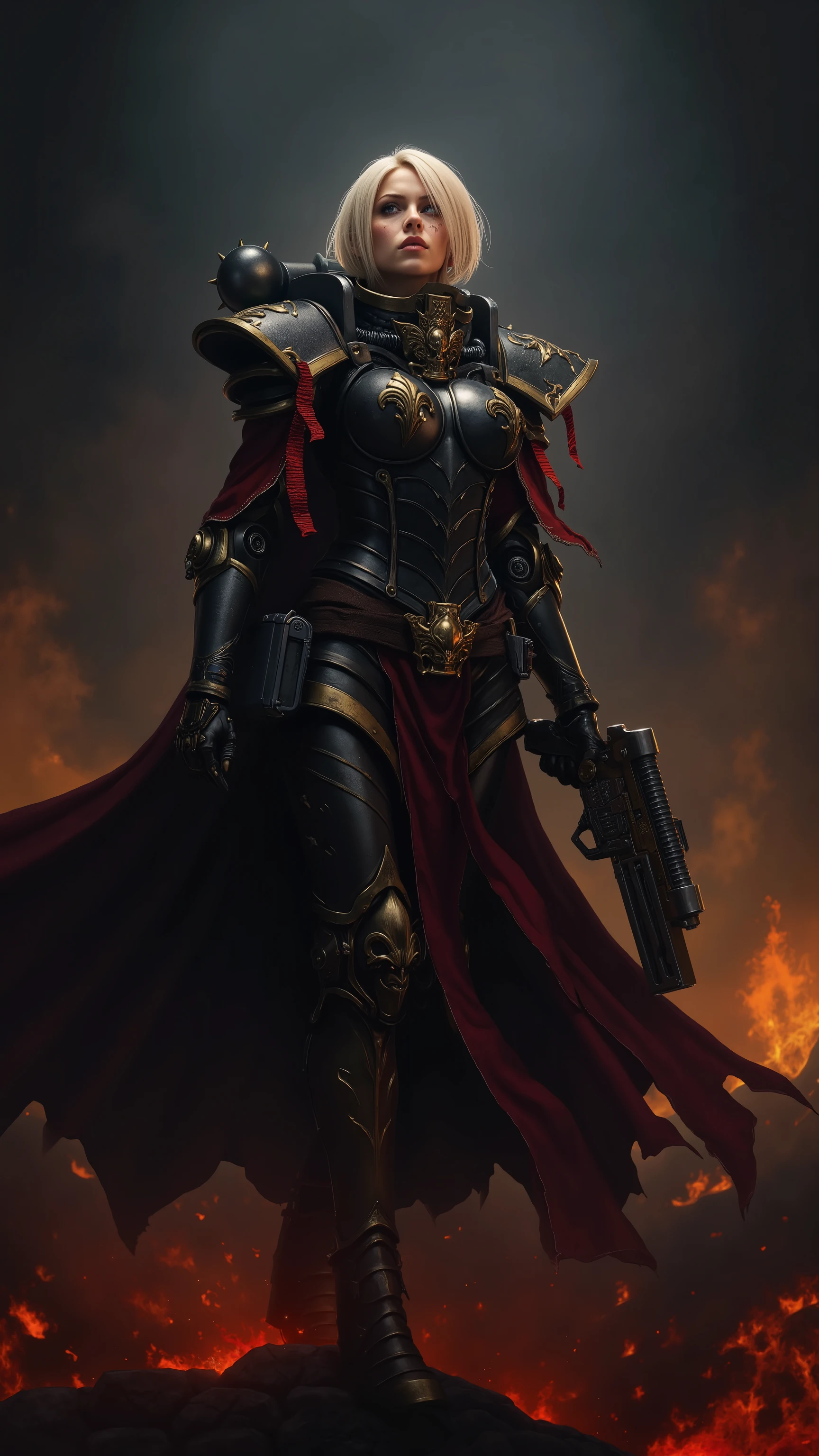 SisB40K, ultra realistic blonde woman wearing SisB40K armor, highly detailed facial features, elegant posture, confident expression, SisB40K battle gear, realistic armor textures, intricately designed helmet, advanced weaponry, fantasy battle scene, dark moody atmosphere, dramatic lighting, cinematic composition, digital art, 8K, hyper realistic, physically-based rendering, masterpiece, vibrant colors, dramatic lighting, cinematic, epic, awe-inspiring