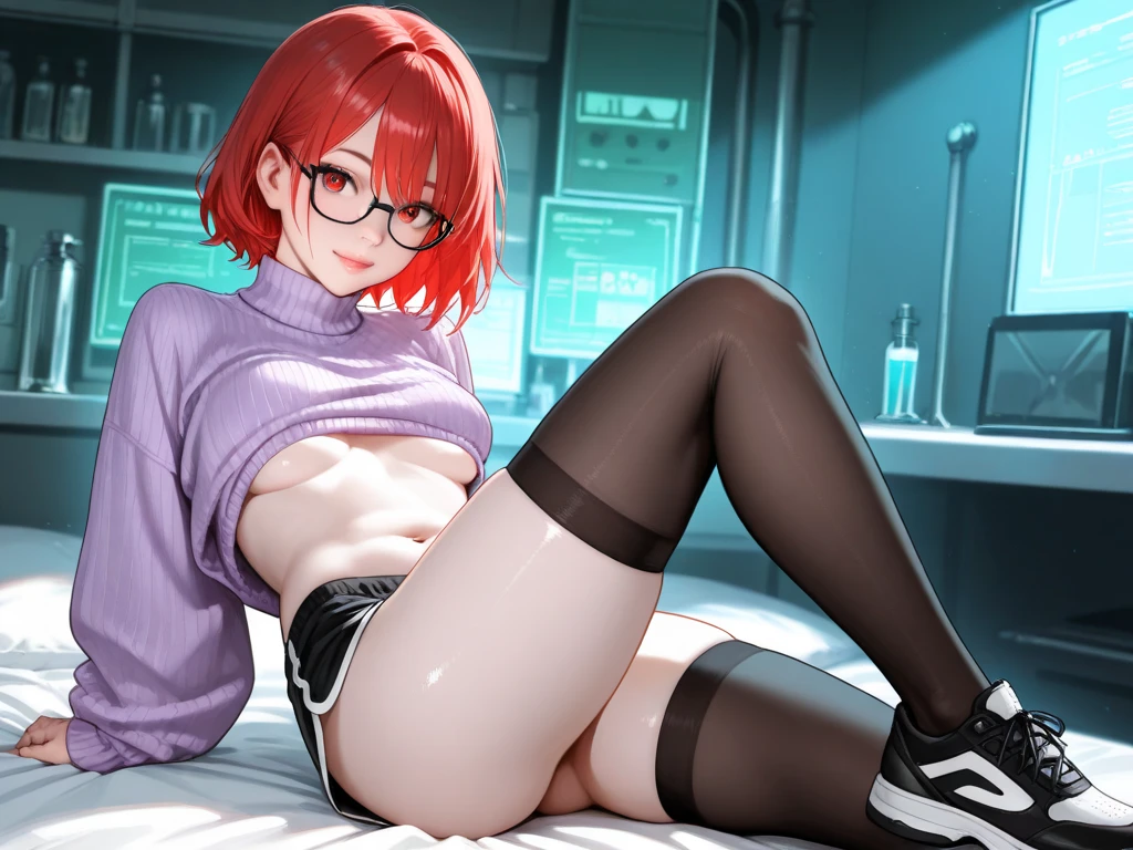 score_9_up, score_8_up, score_7_up, 1girl, solo, mature female, Maki, green ponytail hair, yellow eyes, glasses, pink lips, parted lips, fit slim body, perfect medium erected breast, (((imperial officer outfit))), dark grey living room, looking at the viewer, sexy smile, perfect model body, having sex in doggystyle position, perfect pussy penetration, penis penetrating her pussy, from behind