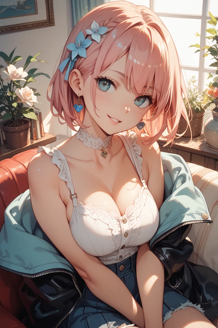ichikanakano, ichika nakano, short hair, bangs, blue eyes, smile,hair between eyes, messy pink hair,big breasts,white camisole,white short pajama pants,looking sleepy,sitting leaning on the sofa,A coffee mug is placed on the table,window building street,The sun is rising through the gap between the buildings,morning,morning日,sunrise,
break looking at viewer, whole body, Upper body,
break indoors, indoor,
break (masterpiece:1.2), highest quality, High resolution, unity 8k wallpaper, (figure:0.8), (detailed and beautiful eyes:1.6), highly detailed face, perfect lighting, Very detailed CG, (perfect hands, perfect anatomy),