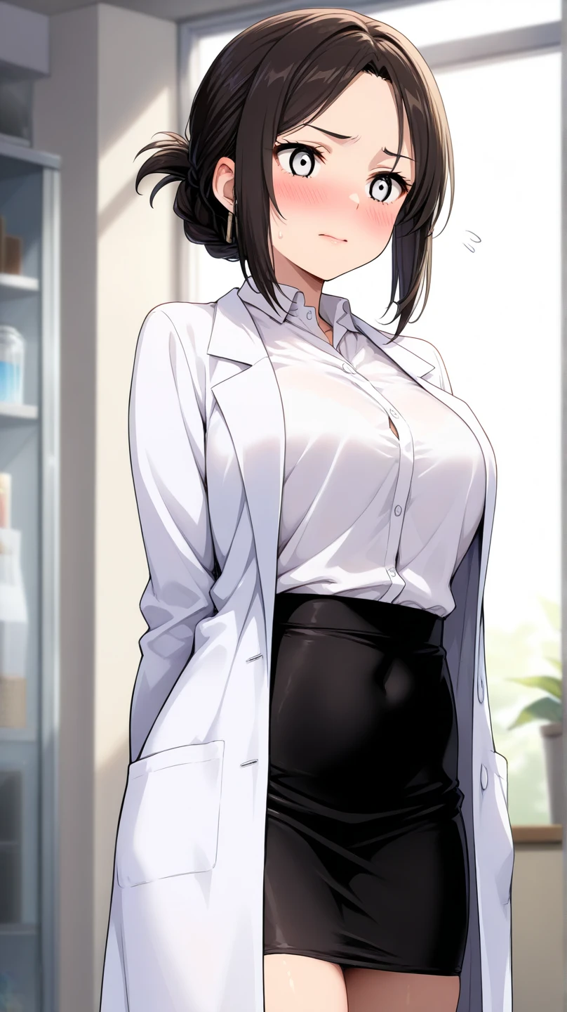 score_9, score_8_up, score_7_up, score_6_up, SayoLOR, tattoo on body, black hair, hair stick, single hair bun, black eyes, BREAK (masterpiece:1.2), best quality, high resolution, (detailed eyes:1.3), perfect lighting, (perfect hands, perfect anatomy), hearts, pleasured, large breasts, sagging breast, breasts, nipples, skirt, jewelry, mature female, 1girl, glasses, stethoscope, pantyhose, earrings, lab coat, pencil skirt, shushing, necklace, large breasts, finger to mouth, black skirt, solo focus, seductive smile, drooling, looking at viewer, shirt, doctor, index finger raised, pearl necklace, clothes lift, coat, blush, sweater, high-waist skirt, open clothes, indoors, dark areola, veiny breasts, breast milk,
