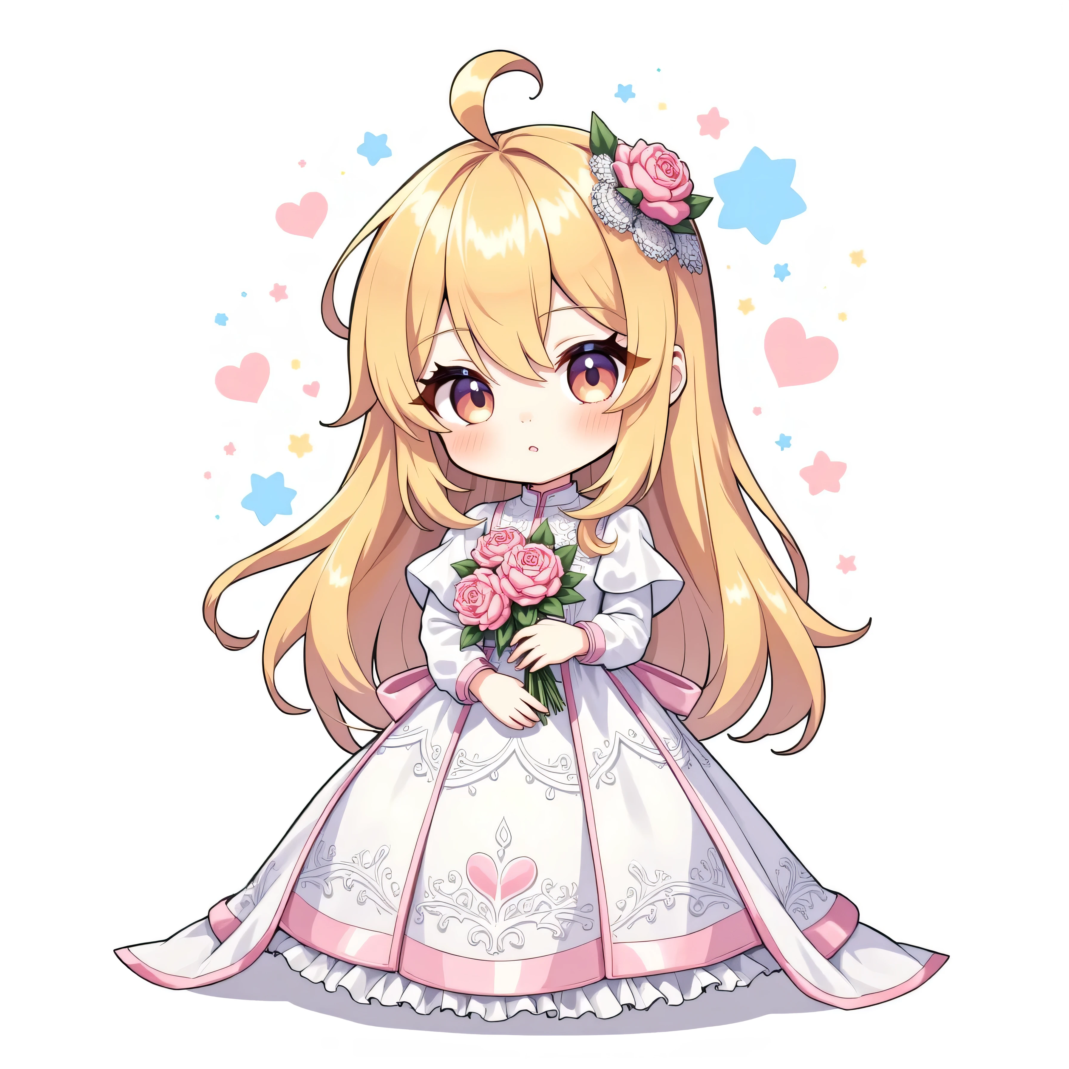 ( chibi:1.4), chibi character, chibi style, toe, (cwhite background:1.4),full body,masterpiece, high quality, 4K, HDR,, A girl with frills, anime style, simple background、wedding dress、bride、 Gold, long hair、long white dress、bride、princess、Rose bouquet、 small tiara、A dress with lots of lace