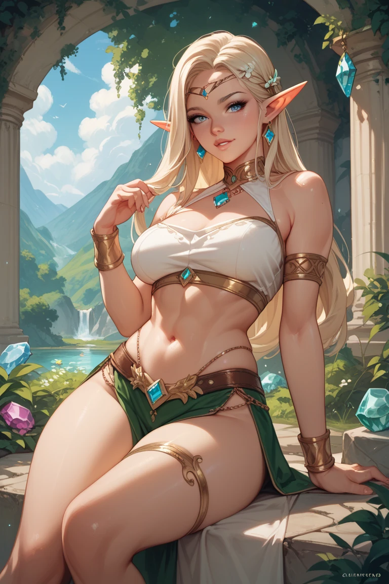 A beautiful, high-resolution masterpiece in 4k or 8k with the best quality and ultra-detailed features. The stunning depiction of an elf woman, showcasing her graceful elegance and mythical allure. Her eyes are intricately detailed, capturing every mesmerizing sparkle and hint of emotion. The artist has taken great care to render her face with remarkable precision, highlighting her delicate features and flawless complexion. The realism in the artwork is truly remarkable, as if the elf woman could step out of the canvas and come to life. The colors used in this piece are vivid and bright, enhancing the overall visual impact. Soft lighting bathes the scene, casting subtle shadows and adding a sense of ethereal beauty. This professional artwork showcases the talent of the artist, with every brushstroke and detail meticulously crafted. Enjoy the vibrant colors and immerse yourself in the enchanting world of the elf woman.