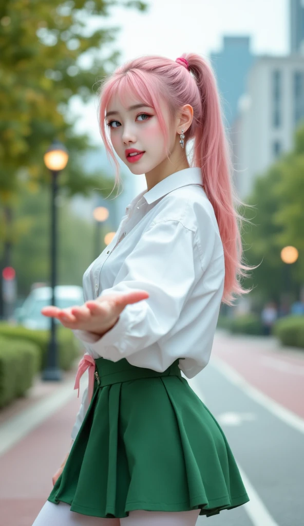 ((top quality, highest resolution, 8k, accurate , accurate body, accurate hands, Accurate feet)), ((full body photo)), pink hair, long ponytail hair, silver eyes, pink lips, shiny lips, She is a beautiful Japanese girl with beautiful , Her height is 175 cm, Roller Skate, Daegu Duryu Park, white shirt, green skirt, white stockings on the streets of New York, She is roller skating at Duryu Park, I'm hoping viewers will join hands, I'm holding out one hand to the viewers, beautiful smile