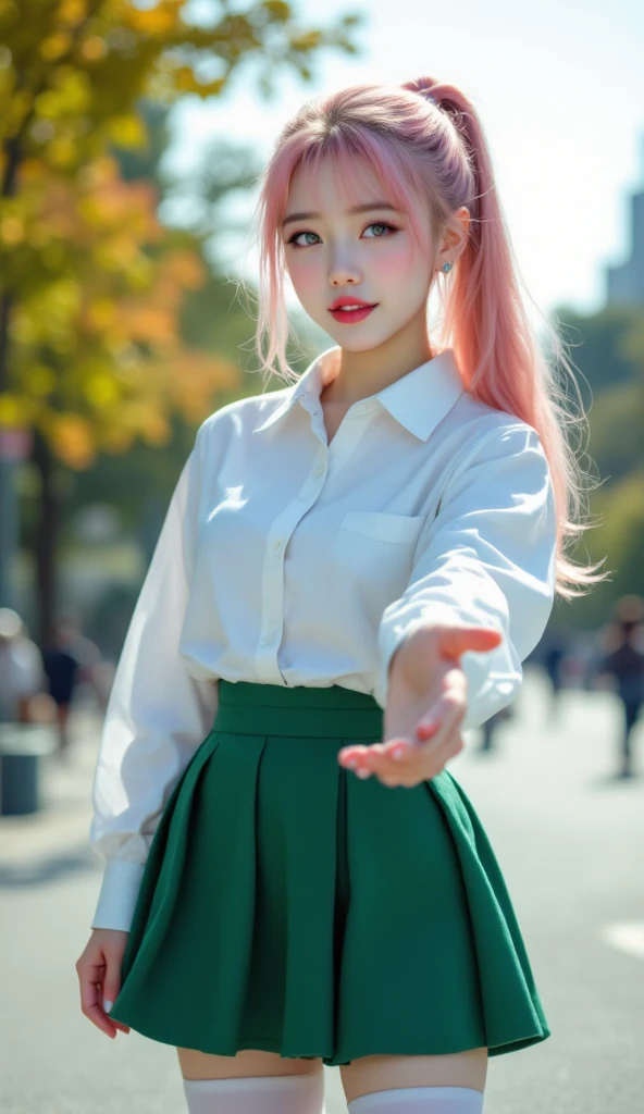 ((top quality, highest resolution, 8k, accurate , accurate body, accurate hands, Accurate feet)), ((full body photo)), pink hair, long ponytail hair, silver eyes, pink lips, shiny lips, She is a beautiful Japanese girl with beautiful , Her height is 175 cm, Roller Skate, Daegu Duryu Park, white shirt, green skirt, white stockings on the streets of New York, She is roller skating at Duryu Park, I'm hoping viewers will join hands, I'm holding out one hand to the viewers, beautiful smile
