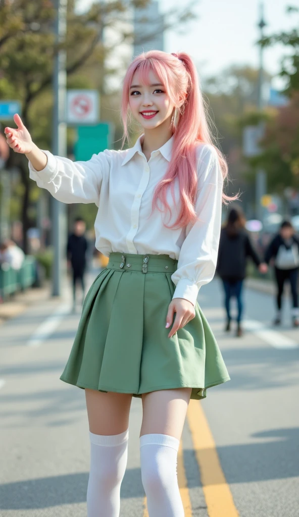 ((top quality, highest resolution, 8k, accurate , accurate body, accurate hands, Accurate feet)), ((full body photo)), pink hair, long ponytail hair, silver eyes, pink lips, shiny lips, She is a beautiful Japanese girl with beautiful , Her height is 175 cm, Roller Skate, Daegu Duryu Park, white shirt, green skirt, white stockings on the streets of New York, She is roller skating at Duryu Park, I'm hoping viewers will join hands, I'm holding out one hand to the viewers, beautiful smile