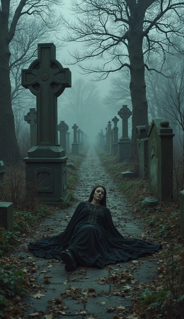 girl in a dark cemetery in the forest frame from a horror movie very scary