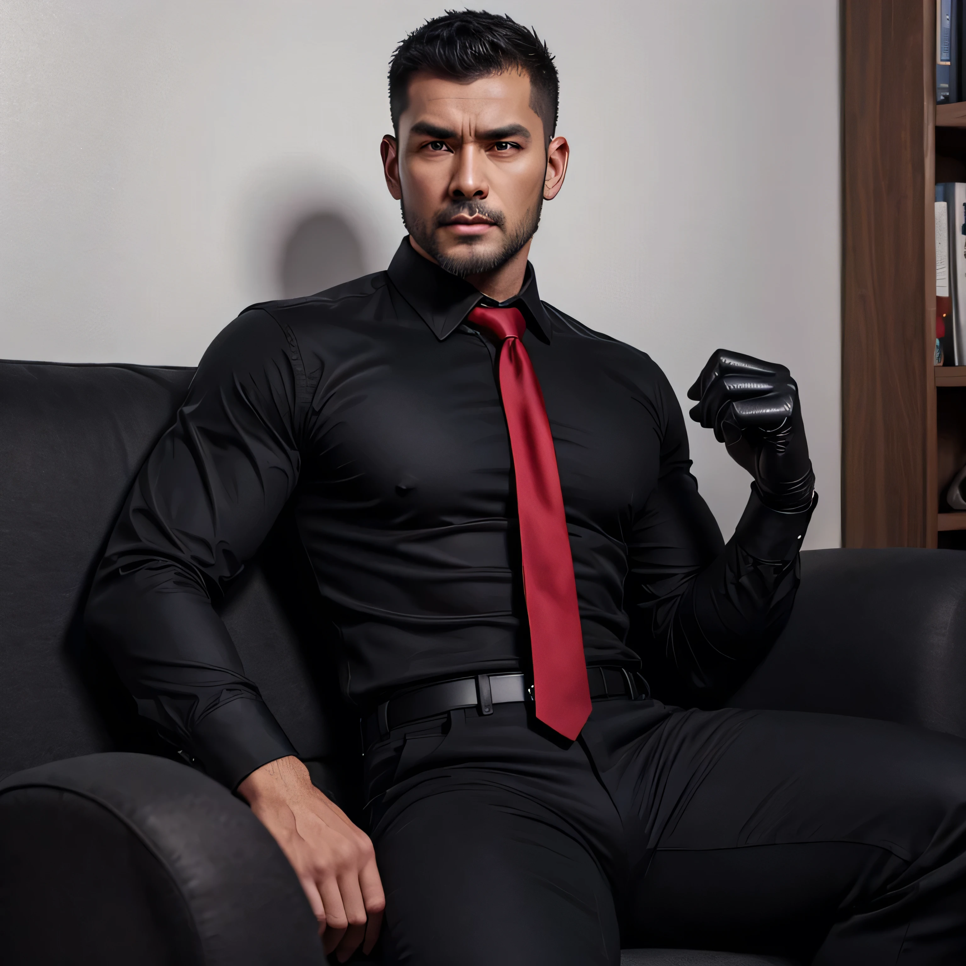 55 years old, handsome man、one man,Glutinous Flesh、 black shirt、red tie、black slim pants 、Combatant、office on the sofa。 black hair、Short Hair、Buzz cut Asian Face seen from below upper body lift 、 black shirt、red tie、black slim jeans upper body up stubble black slim pants black gloves Thick sideburns black gloves Thick sideburns black shirt、red tie、black slim pants