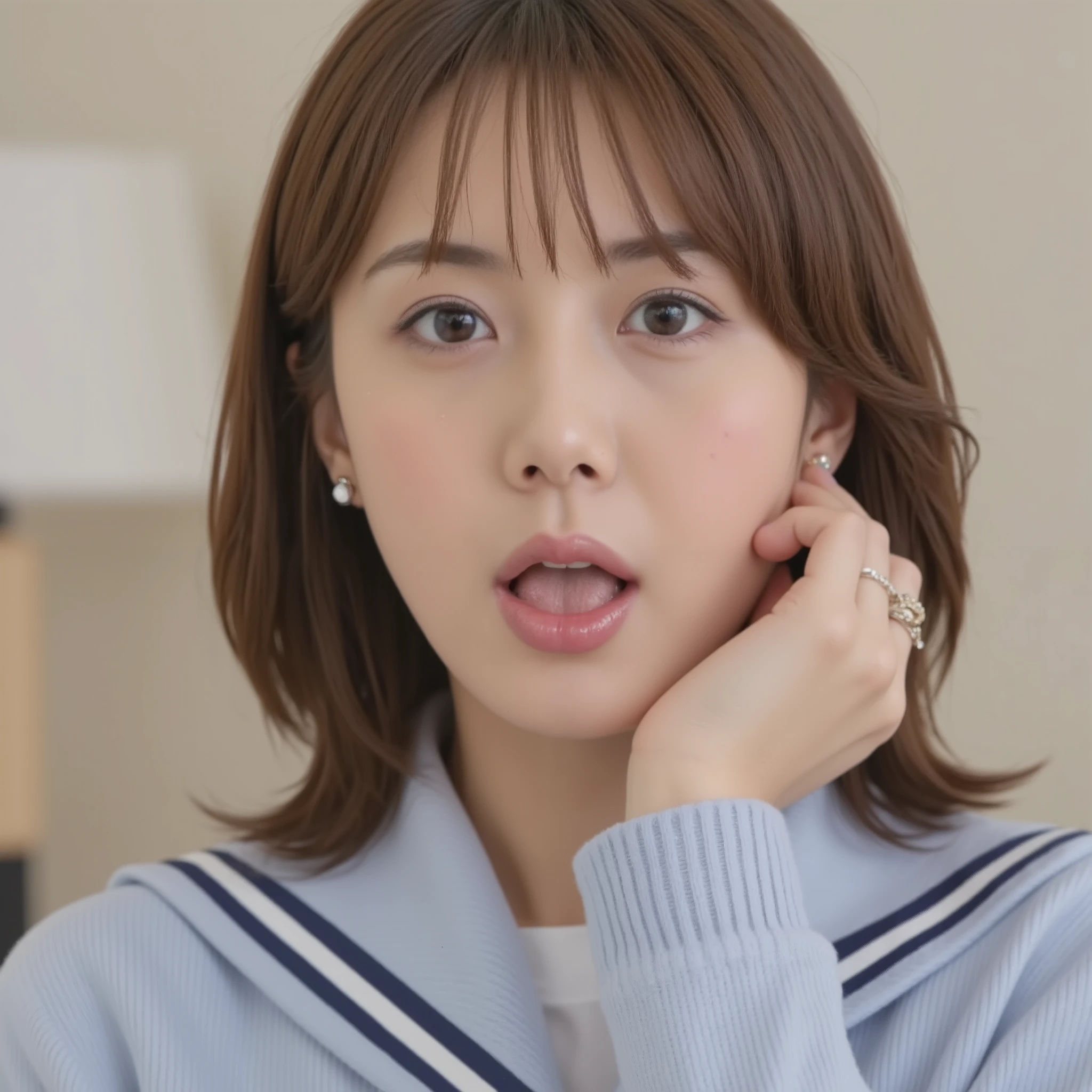 Japanese cute idol, Japanese cute girl, cute, 1 girl, Alone, realistic, Japanese school uniform, light brown hair, nsfw, masterpiece, Best Quality, Super Detail, very detailed, 16k, Japanese , cute, cute, photorealistic, realism, RAW photo, real people , big short haired korean girl in bedroom, Open Her Mouth, stick out your tongue above your head, sharp concentration, (throw:1.5),(blushes:1.5),