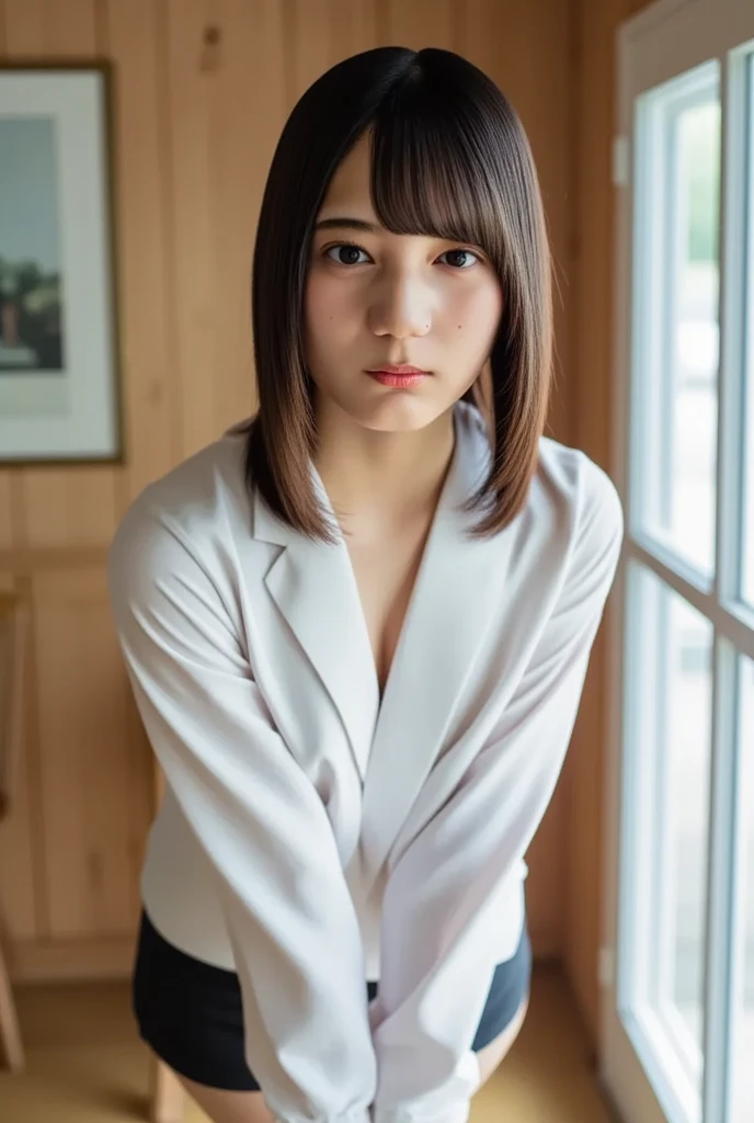 necklace,ring,((Small breasts)),Realistic,(超high quality:1.2),50 year old Japanese man,high quality,masterpiece,(Super detailed:1.4),Japanese women,Beautiful Eyes,Beautiful Face,(Realistic bra:1.5),((living room)),(thin:1.3),High resolution,compensate,(Skirt Suit:1.3),Real Background,Dark