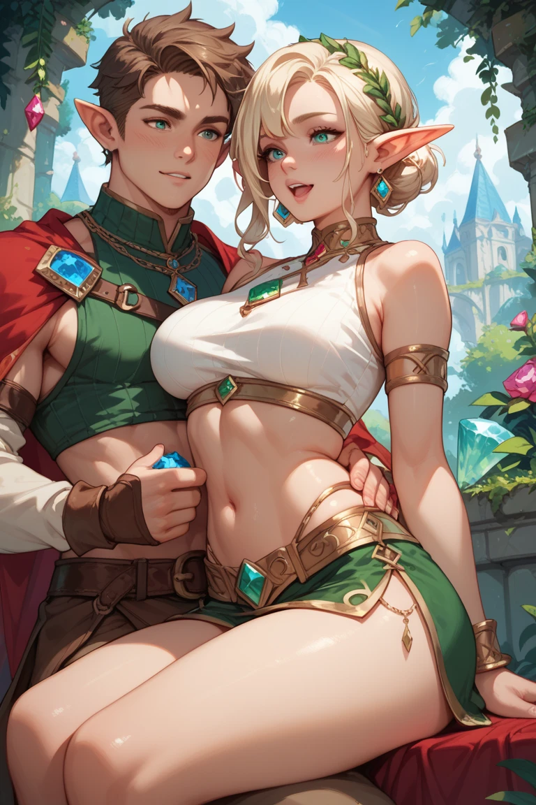 a girl, 1girl, elf, short bob hair, gold hair, very small breasts, long pointed ears, blue eyes, fair skin, horny face, nude, lot of cum on sex, full body, medieval castle, very sexy body, detailed face, highly detailed, 8k, best quality, masterpiece, vibrant colors, digital art, concept art