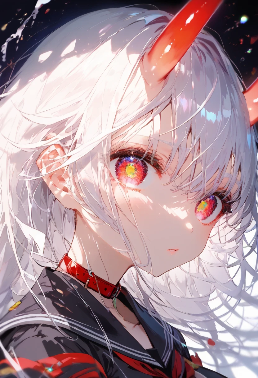 Score_9, Score_8_up, Score_7_up, Source code_Japanese Animation, ( masterpiece), is the best quality, Eccentric Eyes , perfect eyes, perfect face, Ghost girl , Demon horn, red eyes, Soft lips, long hair, very long hair, Wide hips, (White hair:1.2), (white eyebrows:1), ( white eyelashes :1), medium breasts :0.5, Takahashi Mataka , Big breasts:0.3, standing, background: City, Hair accessories, Sailor collar, Red collar, black shirt, Black skirt, Split Sleeves, Chubu, kouhaku nawa, white over the knee socks,