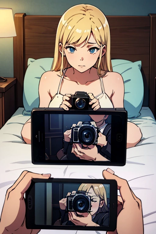 Portrait of a beautiful 12 year old girl with perfect appearance, beautiful  face , sit on bed, hair blonde, realisitic, nase, Flirting with the big CG camera, rrealisitic Portraitfotografie, fotorrealisitic, skin detailed, Hyperrrealisitic, Kale