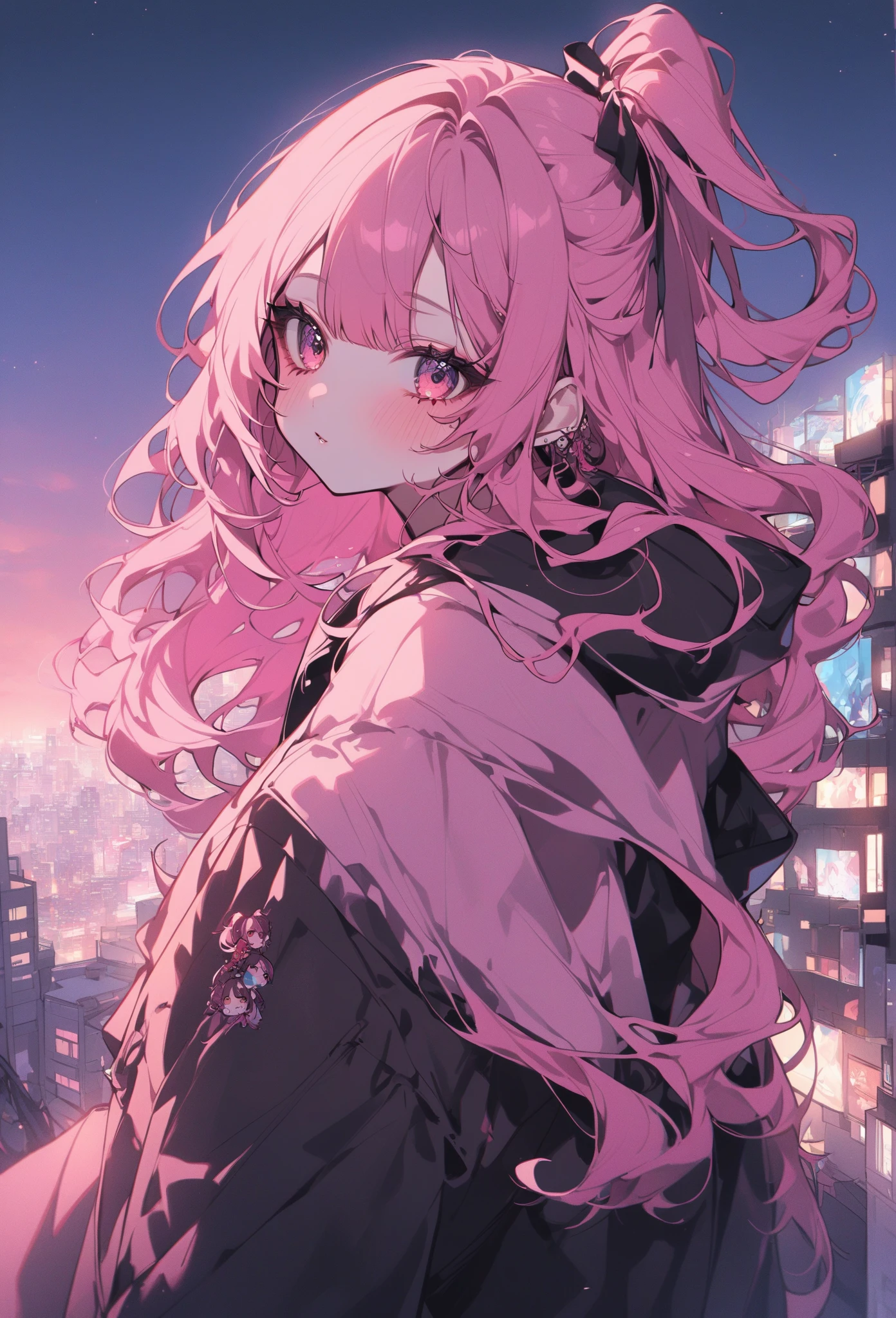 A beautiful girl with long pink hair in a revealing outfit, standing in a crowded city street, looking directly at the viewer with a slight blush. The scene is captured in stunning detail, with excellent lighting and a vibrant color palette. This masterpiece-level artwork showcases the girl's expressive eyes, delicate facial features, and intricate skirt folds, all rendered in high resolution and absurdly fine detail.