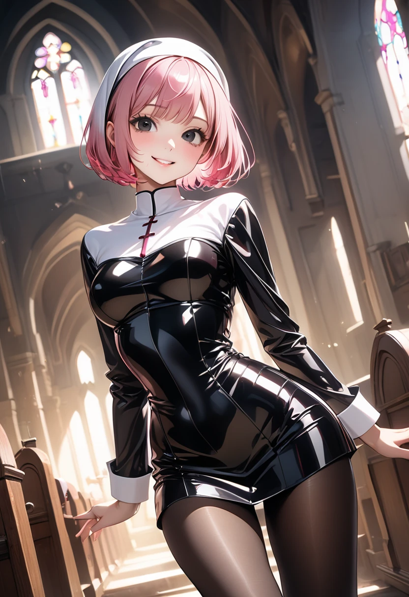 20 years old, with short pink hair just below the shoulders, pale pink eyes, and an expression that is serious yet happy. She dresses in an antique style, wearing a long light brown skirt, a sleeveless white blouse with a vertical red line down the center on the buttons, brown gloves, and high boots with many straps. Her weapons are hundreds of needles connected by thread. 8k, high quality, full body, (ultra-realistic), {extremely detailed 8k CG unit wallpaper}, expansive landscape photograph, (a view from below showing the grandeur of the character, wide open field view), (light: 2.0), (warm light source: 1.5), complex details, (iridescent colors: 1.5), (bright lighting), (atmospheric lighting), surreal, impressive, fantasy, (Solo: 1.2)