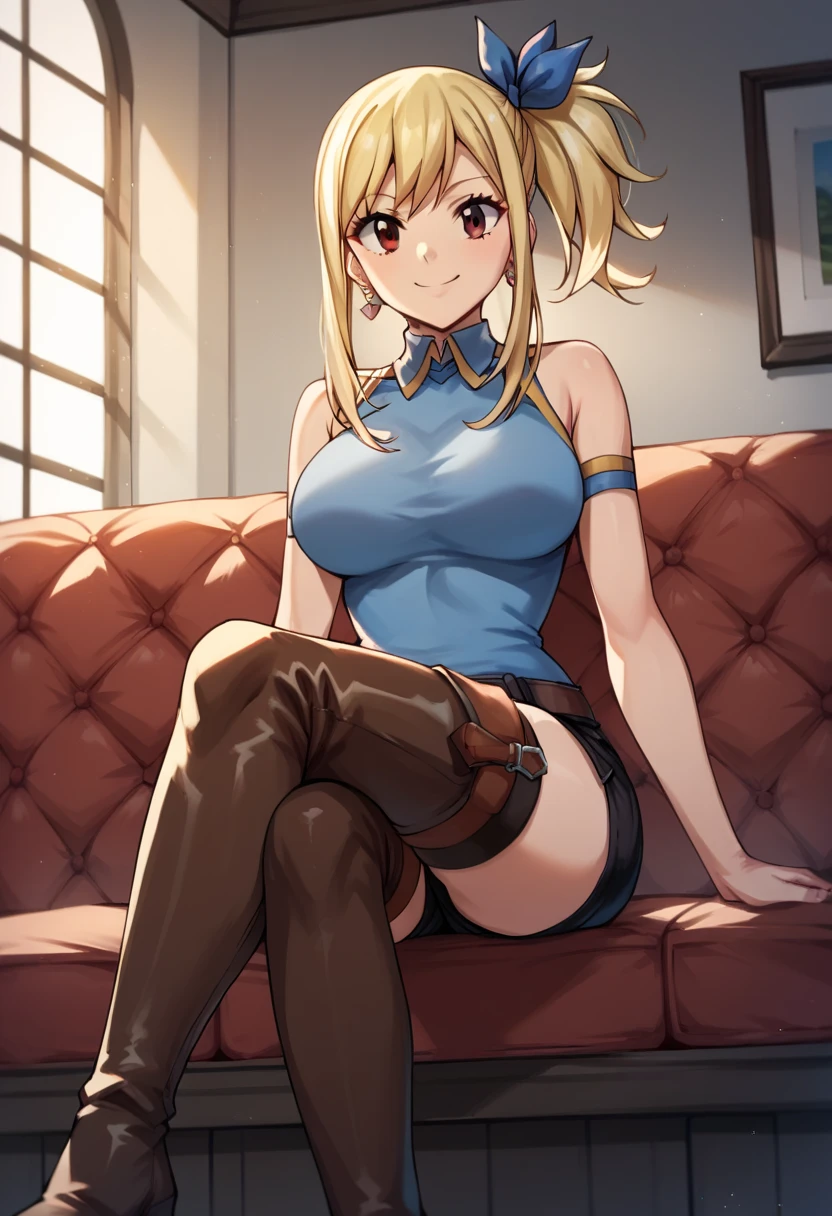 score_9, score_8_up, score_7_up, score_6_up, score_5_up, score_4_up, source_anime, 1girl , sit, chair, masterpiece, best quality, highres, lucy heartfilia, full body, smile, blonde hair, brown eyes, long hair, side ponytail, blue ribbon, large breasts, earrings, black dress, thighhigh boots, croosed legs, brown boots, sleeveless shirt, white skirt, dungeon, best quality, best res, 4K UHD,