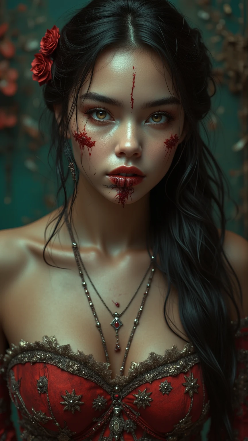 nsfw, porn, topless, blood, horror, fang, vampire, hijabi, Absurd, ultra-detailed, high quality, masterpiece, detailed face, beautiful eyes(detailed eyes)