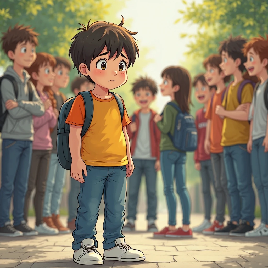 (A school scene, where children are playing and laughing. In the background a boy stands alone, with a sad look on his face. There are some children near him, whispering among themselves and looking at him and laughing.