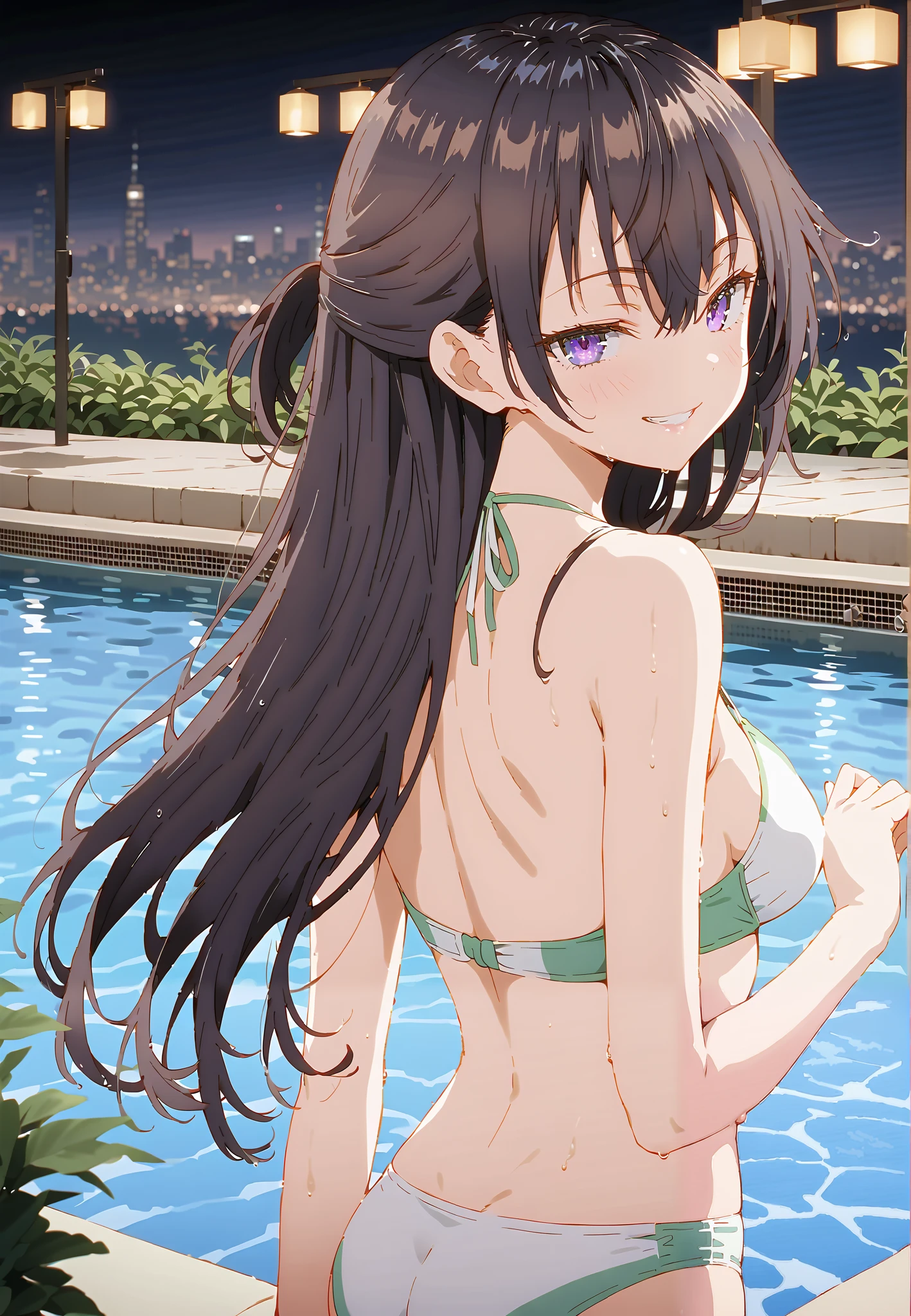 masterpiece, Highest quality, ryoubi \(senran kagura\), large chest, green micro bikini, pool, Embarrassing, Feeling embarrassed, (upper body), (front viewer),