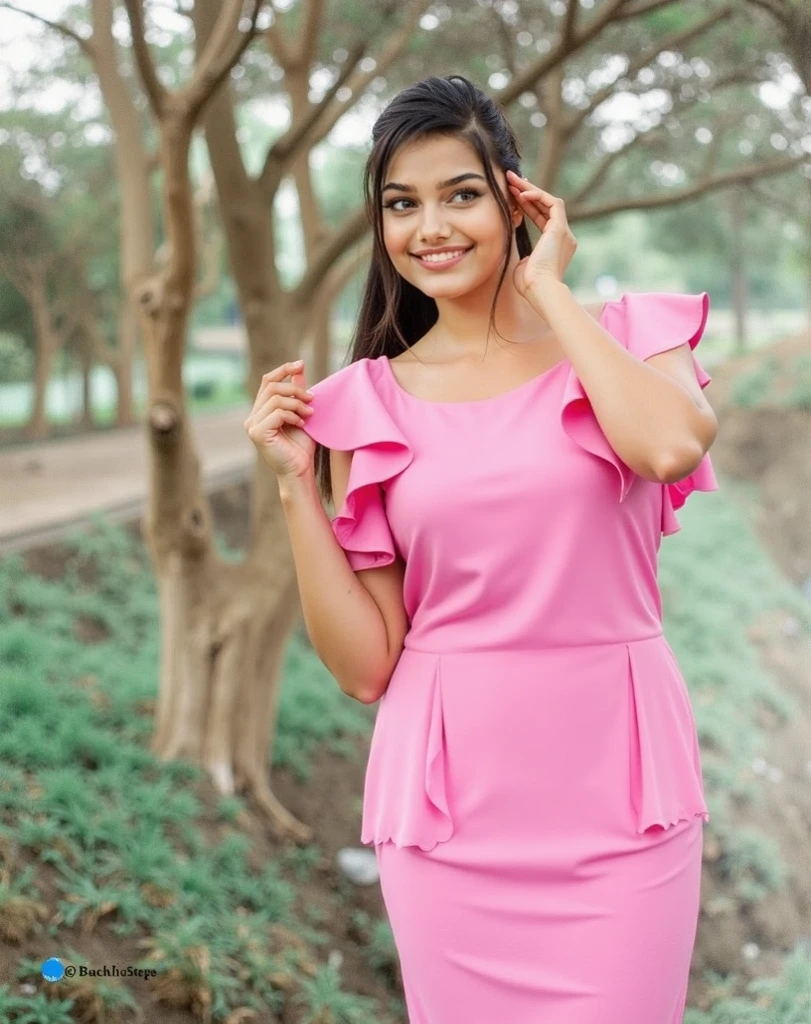 A beautiful Indian girl sitting at mall hot pink dress 
